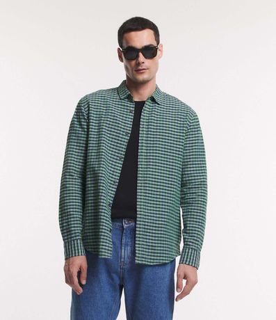 Camisa Regular en Lino con Estampa de Cuadros