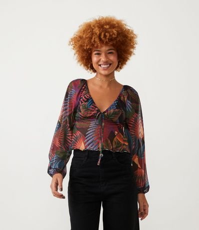 Blusa en Tul con Volados en la Barra y Estampado Tropical 1