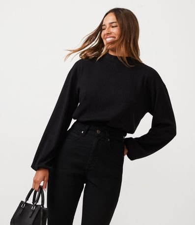 Blusa Cropped en RIbana con Cuello Alto y Manga Larga