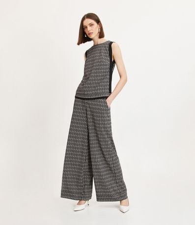 Pantalón Wide Leg con Cintura Contrastante y Estampado Geométrico