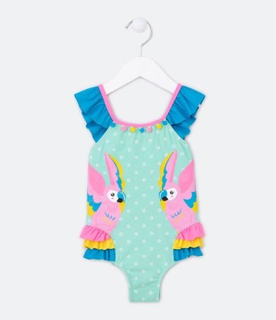 Malla Infantil con Volados y Estampado de Guacamayas- Talle 6/12 meses a 4 años