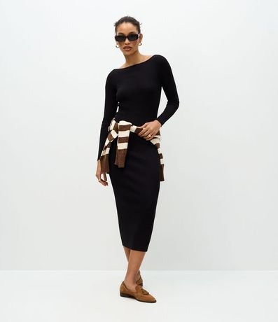 Vestido Midi de Punto Ajustado y con Cuello Barco