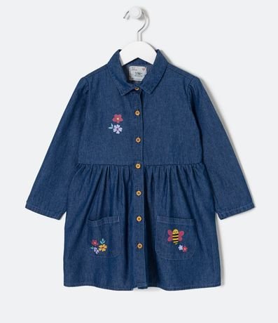 Vestido Infantil Jeans con Botones y Bordado de Florzitas y Abejas - Talle 1 a 5 años