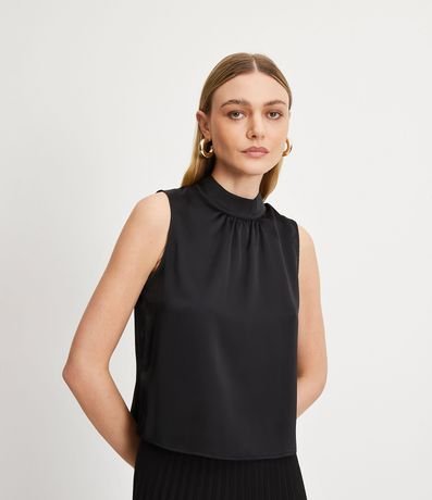 Blusa sin Manga en Satén con Cuello Alto
