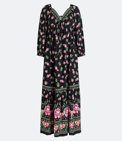 Vestido Largo en Viscosa con Estampa Floral y Puntilla en el Escote