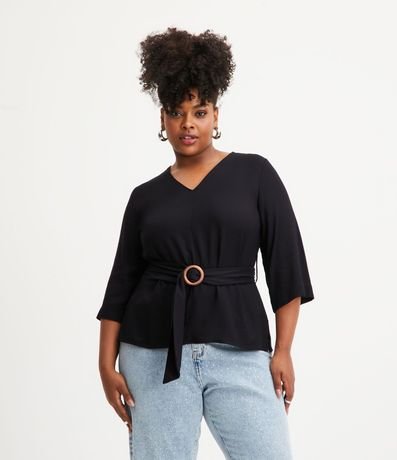 Blusa en Viscosa con Cinturón y Hebilla de Madera Curve & Plus Size