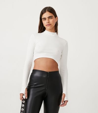 Blusa Cropped en Ribana con Manga Larga y Abertura para Dedo 1