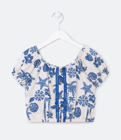Blusa Hombros Descubiertos Infantil en Viscosa Estampada de Iconos del Mar - Talle 5 a 14 años 1