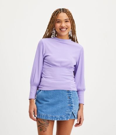 Blusa en Ribana con Cuello Alto y Manga Larga Abullonada 1