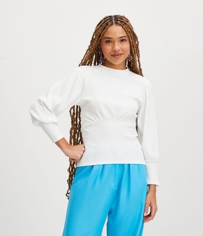 Blusa en Ribana con Cuello Alto y Manga Larga Abullonada 1