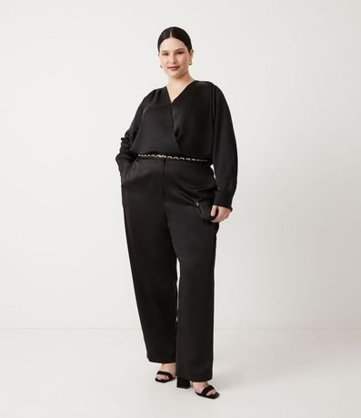 Pantalón recto en Satín con botón Metalizado Curve & Plus Size