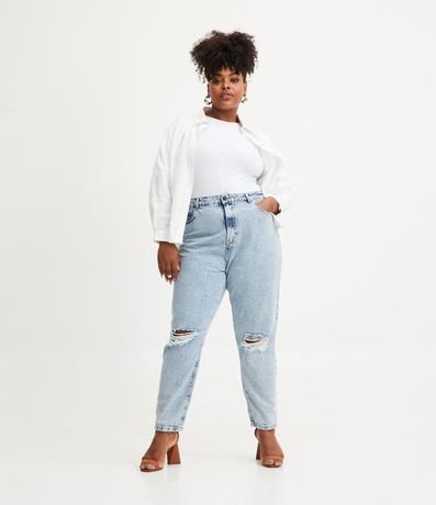 Pantalón Mom Jeans Jaspeada con Agueros y Brillos Delanteros Curve & Plus Size 1