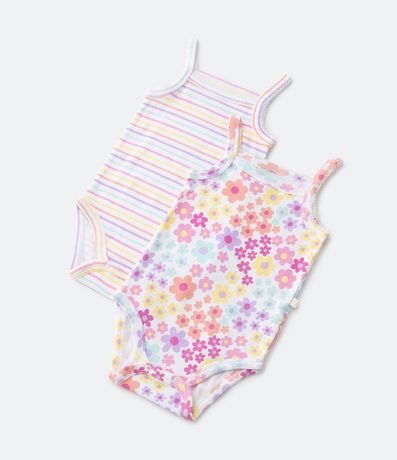 Kit 02 Bodies Infantiles con Estampas Rayada y Floral - Talle 0 a 18 meses