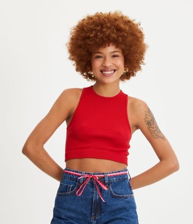 Blusa Musculosa Cropped Básica en Poliamida Acanelada sin Costura