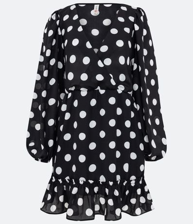 Vestido Corto en Crepé con Estampado de Lunares y Volados