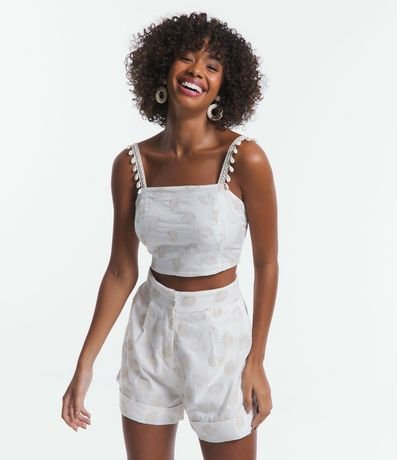 Blusa Cropped en Tricolina Bordada y Breteles con Colgantes de Caracolas 1