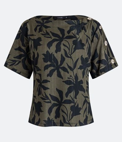 Blusa Escote Barco con Mangas con Botones y Estampado de Follaje 1