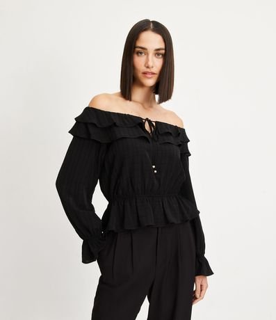 Blusa Bata Corta con Escote Hombro a Hombro con Volados 1