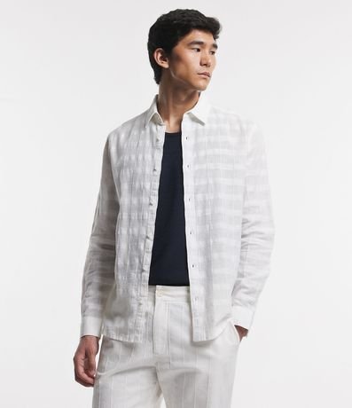 Camisa Regular en Lino con Textura Grid y Manga Larga