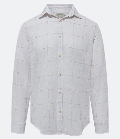 Camisa Regular en Lino con Estampa de Cuadros
