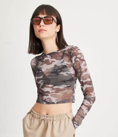 Blusa Cropped en Tul con Manga Larga y Estampa Camuflada 1