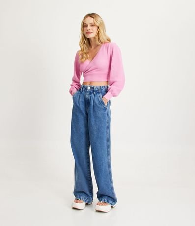 Blusa Cropped en Malla Texturizada con Manga Larga Abullonada 2