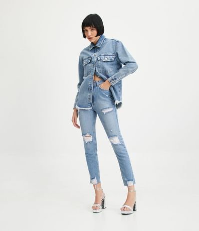 Pantalón Mom Jeans con Desgastes y Barra a Hilo 1