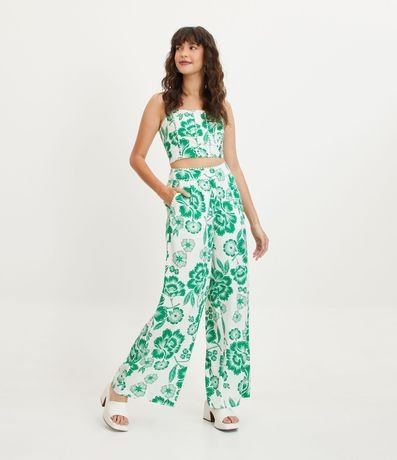 Pantalón Pantalona en Lino con Detalle en Cuerda y Estampa Floral 1