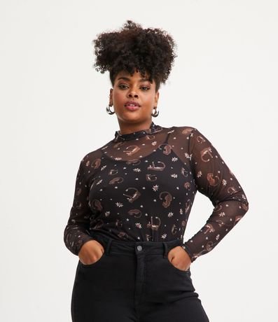 Blusa en Tul con Top Interno y Estampado de Jaguares Curve & Plus Size
