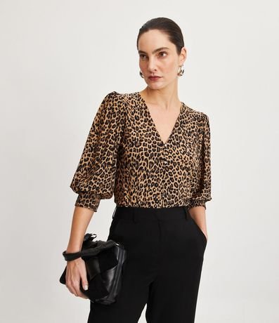 Blusa en Jersey con Manga 3/4 Abullonada y Abotonado Frontal 1