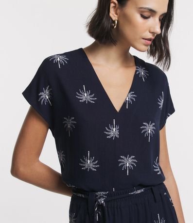 Blusa Manga Corta en Viscosa Twill con Cocoteros Estampados