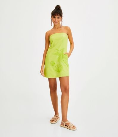 Vestido Corto en Lino con Bolsillos y Bordado Tropical