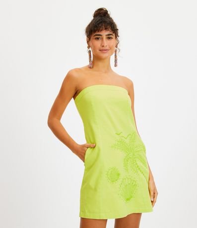 Vestido Corto en Lino con Bolsillos y Bordado Tropical 2