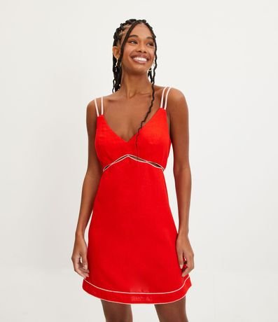 Vestido Corto de Tirantes Dobles en Lino con Costura Aparente