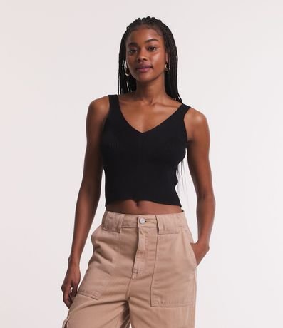 Blusa Corta de Tirantes en Punto Canalé con Escote en la  Espalda 1