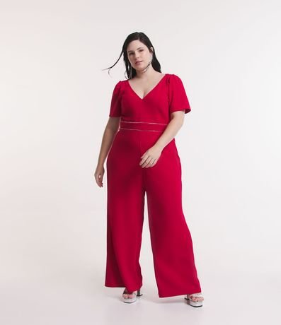 Mono Pantalona en Crepé con Manga Abullonada y Detalle Strass Curve & Plus Size