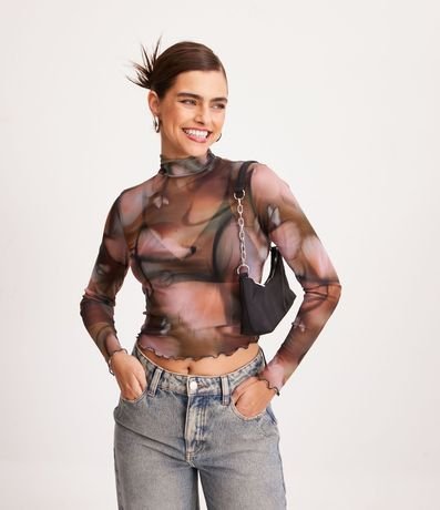 Blusa Cropped Manga Larga en Tul con Estampado de Mariposas 1
