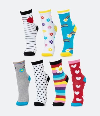 Kit 07 Pares de Medias Caña Média Infantiles con Estampa de Flores y Corazones - Talle 23/26 al 35/38 1