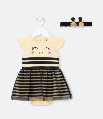 Vestido Body Infantil Estampa Abeja con Accesório para el Pelo - Talle 0 a 18 Meses 1