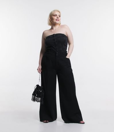 Pantalón Wide Leg Jeans con Cintura Elástica y Bajo a Hilo Curve & Plus Size