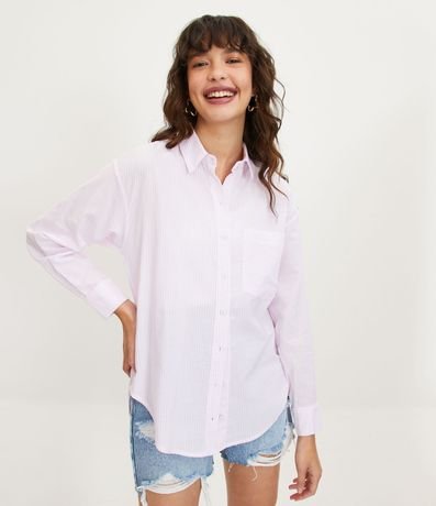 Camisa Alargada Manga Larga en Tricolina Rayada con Bolsillo