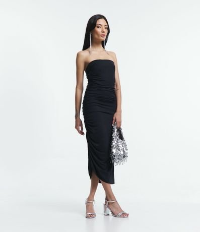 Vestido Midi sin Breteles en Media Malla con Fruncido Lateral