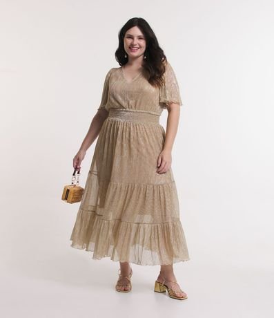 Vestido Midi en Tul con Manga Abullonada y Cintura Ajustada Curve & Plus Size