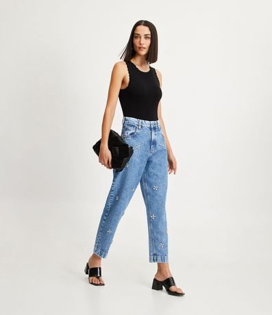 Pantalón Recto en Jeans Cintura Alta con BolsILLos y Brillo Aplicado 1