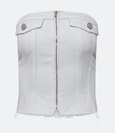 Blusa Cropped en Jeans con Escote sin Breteles y Bajo Deshilachado 1