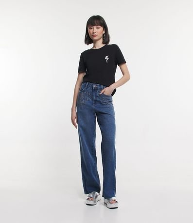 Pantalón Wide Leg Jeans con Brillos y Bajo Deshilachado 1