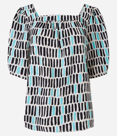 Blusa Manga Abullonada en Crepé con Estampa Geométrica