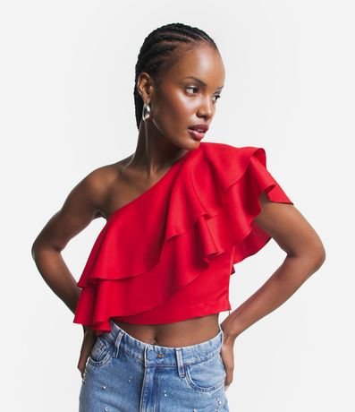 Blusa Cropped en Crepé con Escote Hombro Solo y Volados 1