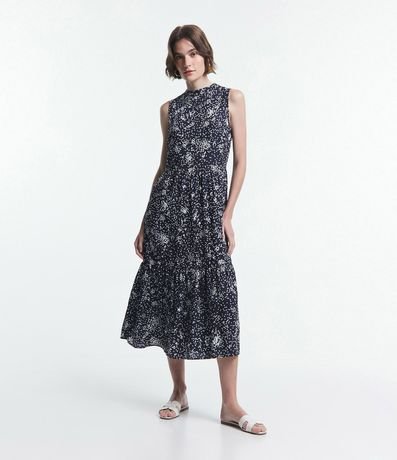 Vestido Midi sin Mangas en Viscosa Estampada de Lunares