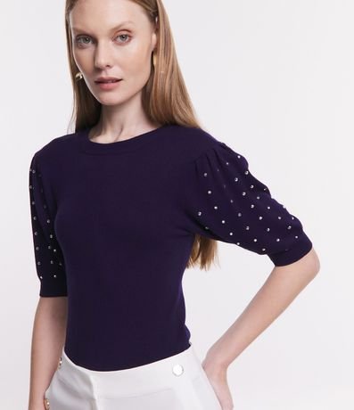 Blusa en Viscosa con Manga Abullonada y Strass Aplicado 5